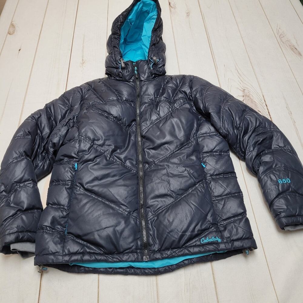 Cabelas 650 goose down filled puffer jacket winter coat hooded navy blue